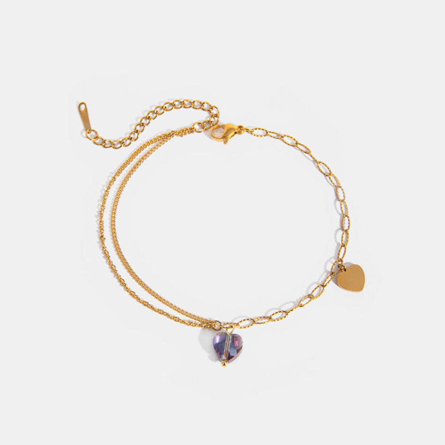 Stainless Steel Synthetic Crystal Heart Anklet Bracelet Gold / One Size Apparel and Accessories