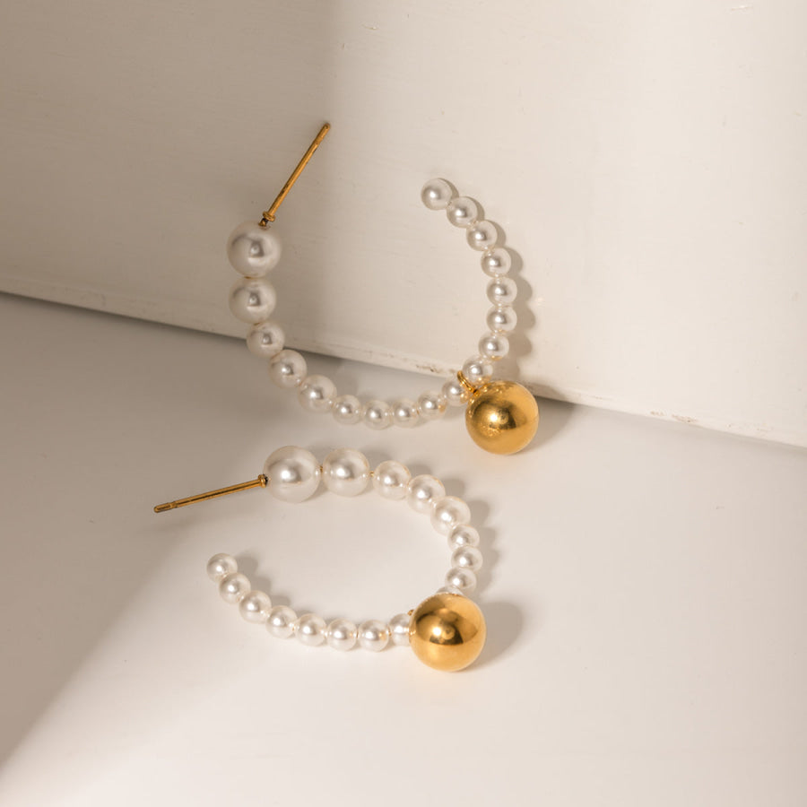 Stainless Steel Synthetic Pearl C-Hoop Earrings Gold / One Size Apparel and Accessories