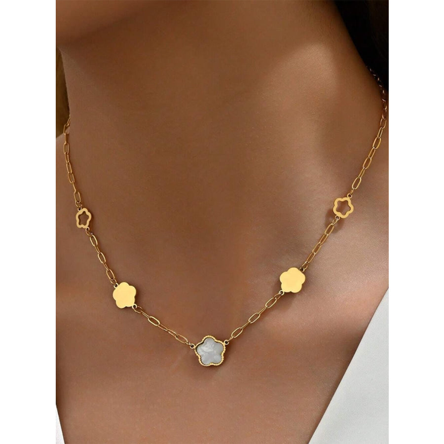 Stainless Steel White Mother-Of-Pearl Flower Necklace Gold / One Size Apparel and Accessories