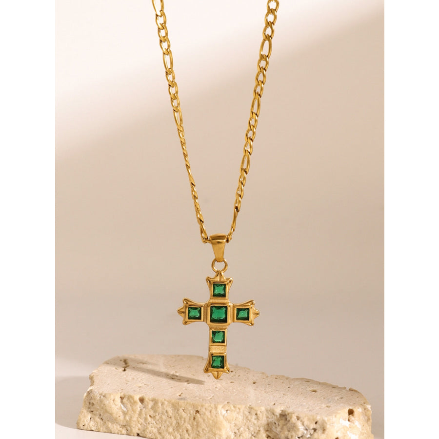 Stainless Steel Zircon Cross Pendant Necklace Green / One Size Apparel and Accessories