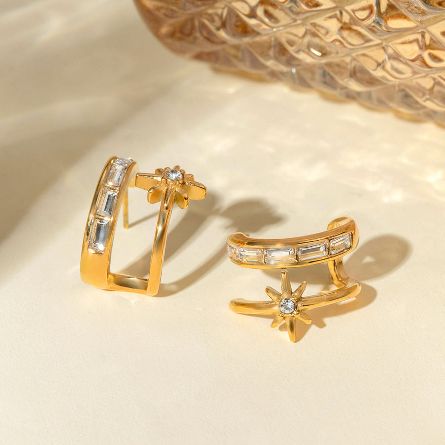 Stainless Steel Zircon Double-Layered Earrings Gold / One Size Apparel and Accessories