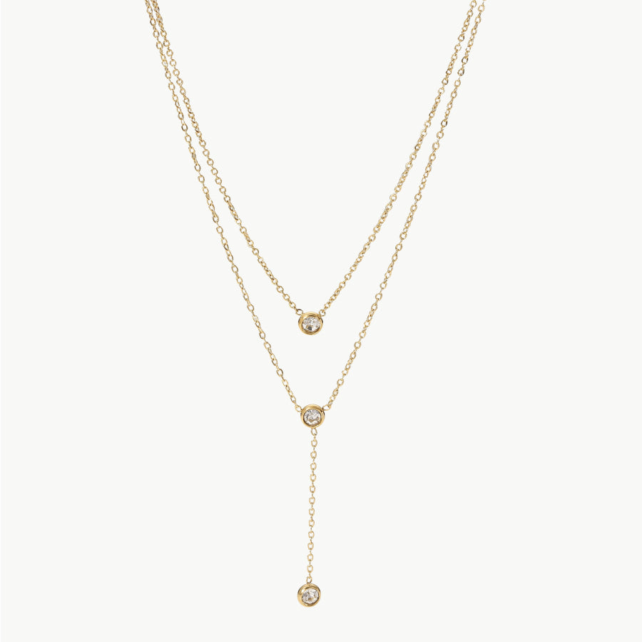 Stainless Steel Zircon Double-Layered Necklace Gold / One Size Apparel and Accessories