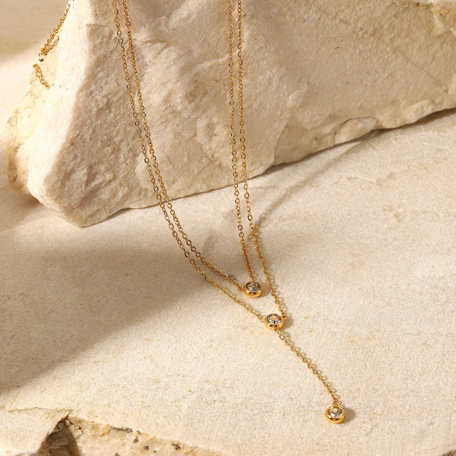 Stainless Steel Zircon Double-Layered Necklace Gold / One Size Apparel and Accessories