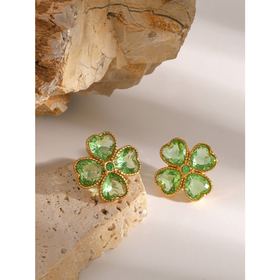 Stainless Steel Zircon Lucky Clover Earrings Green / One Size Apparel and Accessories