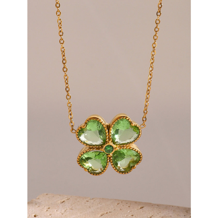 Stainless Steel Zircon Lucky Clover Pendant Necklace Green / One Size Apparel and Accessories