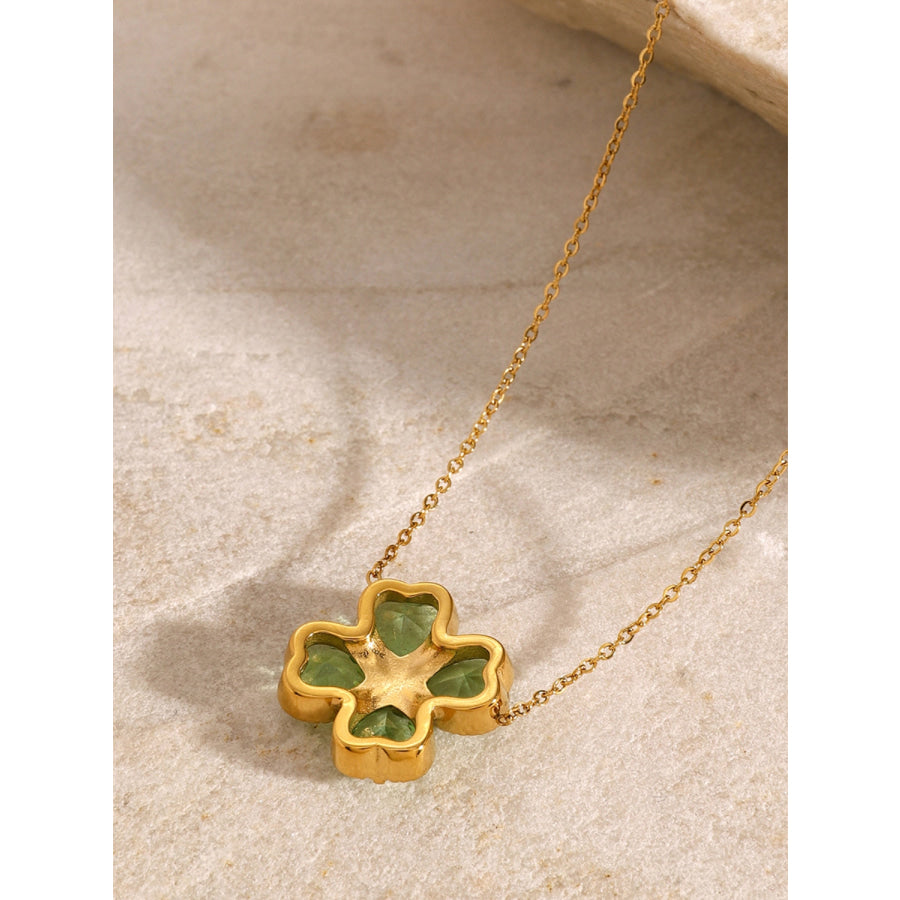 Stainless Steel Zircon Lucky Clover Pendant Necklace Green / One Size Apparel and Accessories