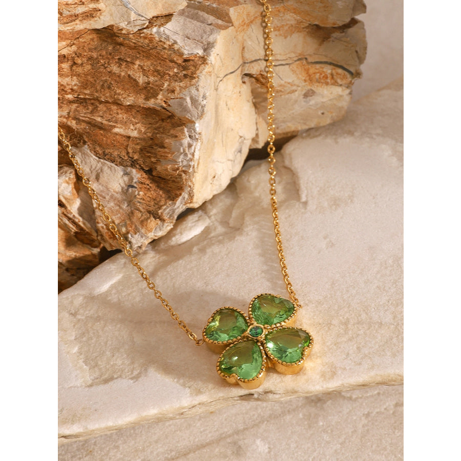 Stainless Steel Zircon Lucky Clover Pendant Necklace Green / One Size Apparel and Accessories