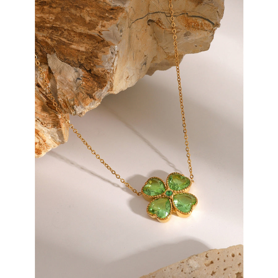 Stainless Steel Zircon Lucky Clover Pendant Necklace Green / One Size Apparel and Accessories