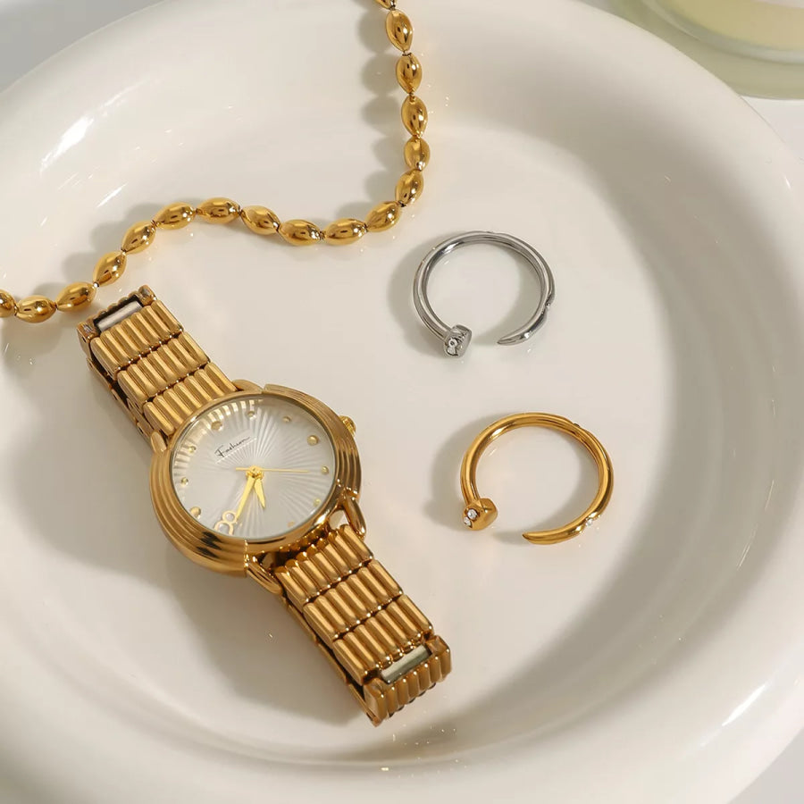 Stainless Steel Zircon Open Ring Gold / One Size Apparel and Accessories