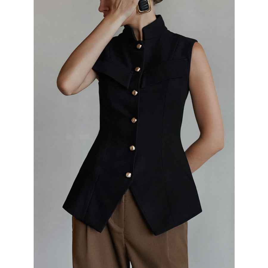 Stand Collar Button-Down Vest Coat Black / S Apparel and Accessories