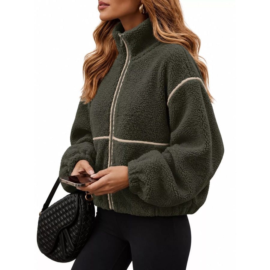 Stand Collar Cozy Sherpa Fleece Zip-Up Jacket Apparel and Accessories