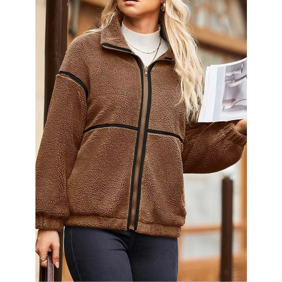 Stand Collar Cozy Sherpa Fleece Zip-Up Jacket Apparel and Accessories