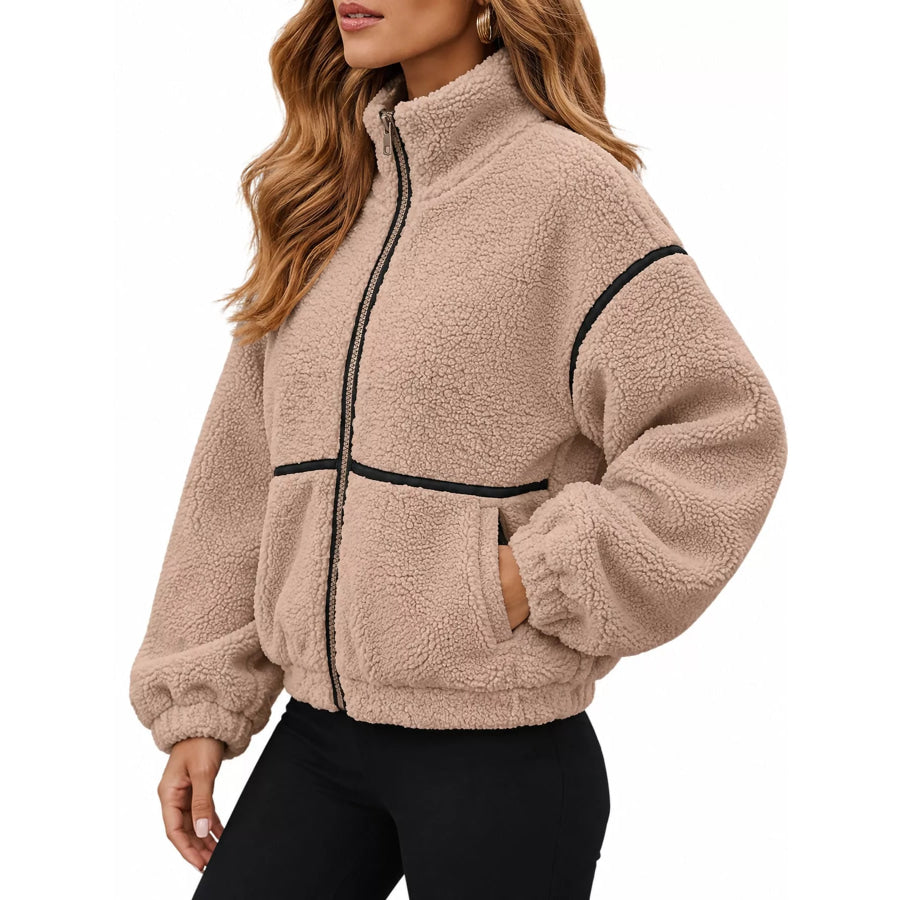 Stand Collar Cozy Sherpa Fleece Zip-Up Jacket Apparel and Accessories
