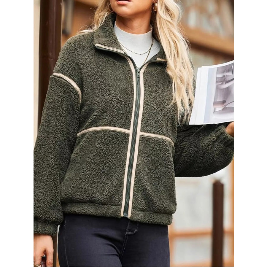 Stand Collar Cozy Sherpa Fleece Zip-Up Jacket Apparel and Accessories