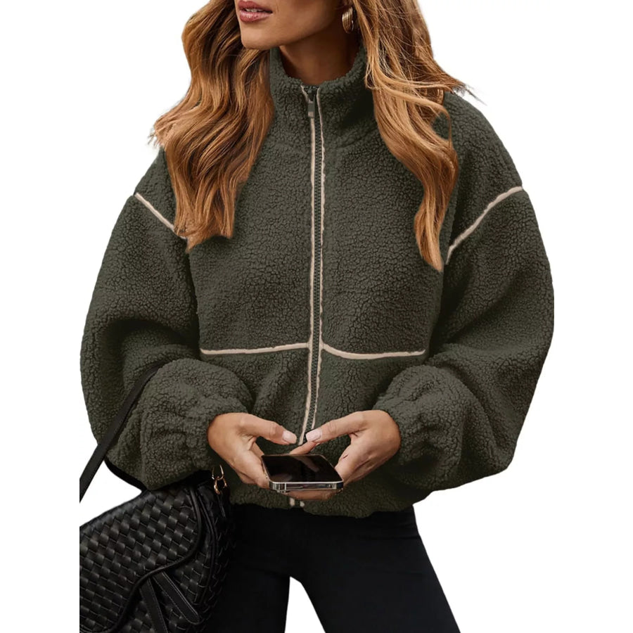 Stand Collar Cozy Sherpa Fleece Zip-Up Jacket Army Green / S Apparel and Accessories