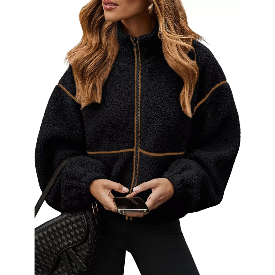 Stand Collar Cozy Sherpa Fleece Zip-Up Jacket Black / S Apparel and Accessories