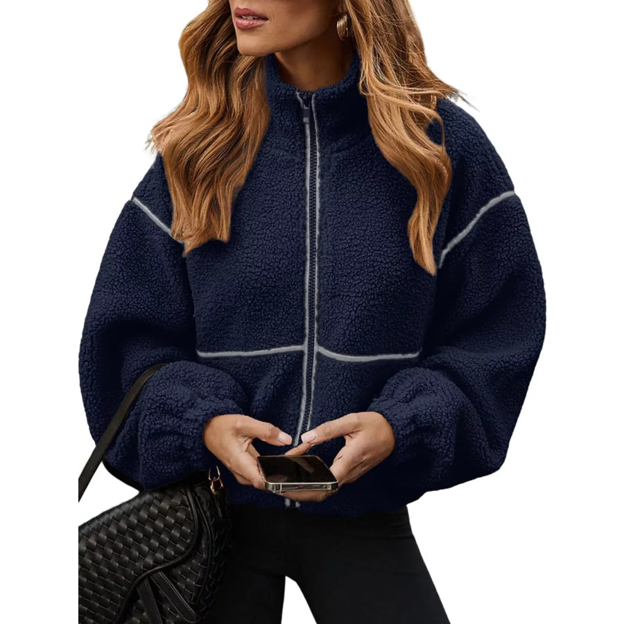 Stand Collar Cozy Sherpa Fleece Zip-Up Jacket Blue / S Apparel and Accessories