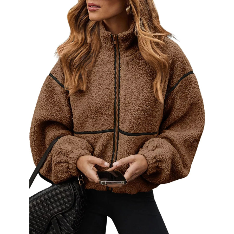Stand Collar Cozy Sherpa Fleece Zip-Up Jacket Brown / S Apparel and Accessories