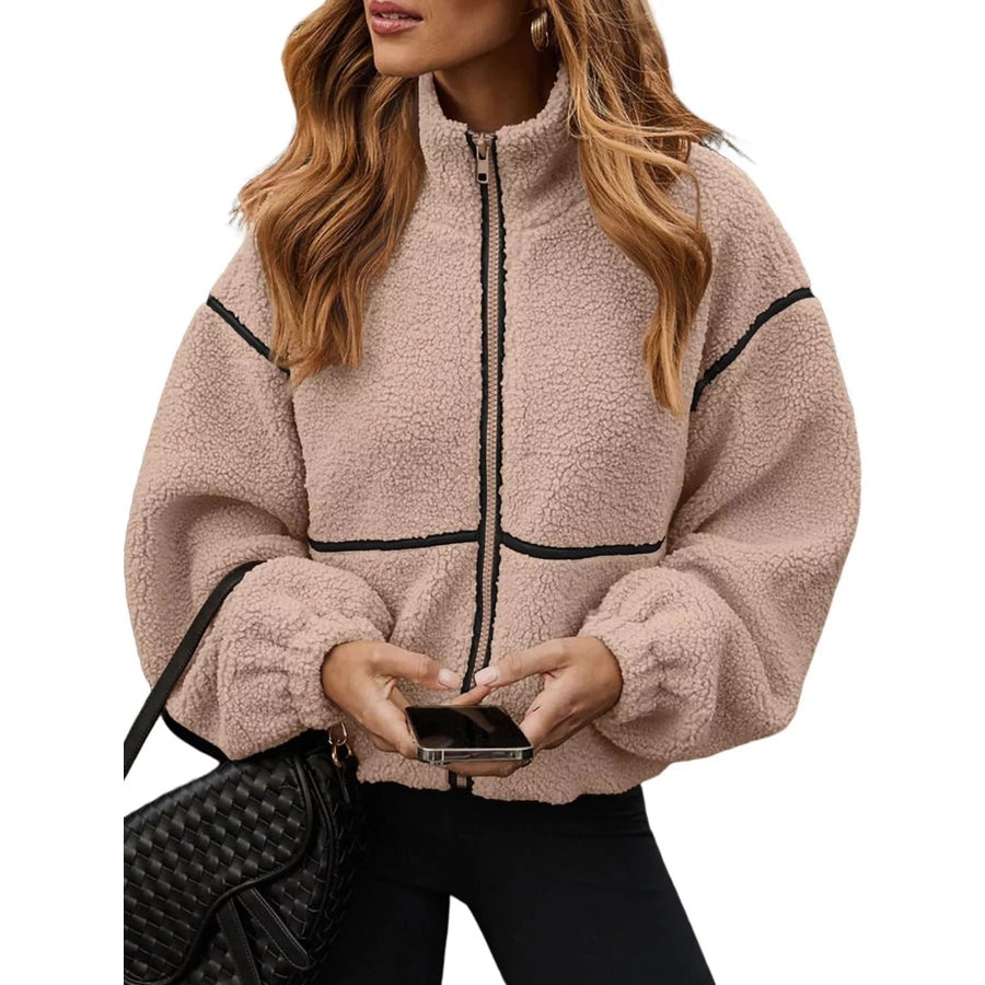 Stand Collar Cozy Sherpa Fleece Zip-Up Jacket Khaki / S Apparel and Accessories