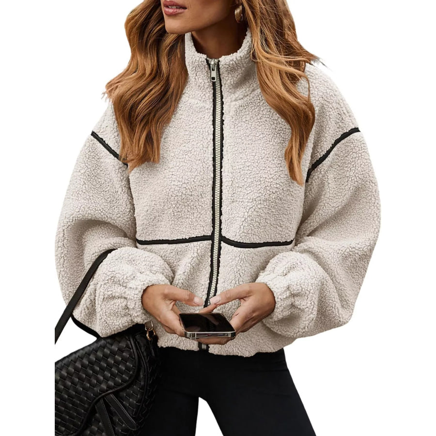 Stand Collar Cozy Sherpa Fleece Zip-Up Jacket White / S Apparel and Accessories