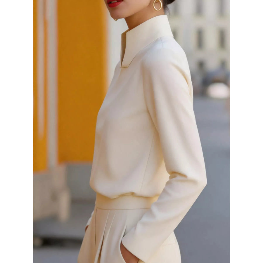 Stand-Collar Long Sleeve Blouse Apricot / S Apparel and Accessories