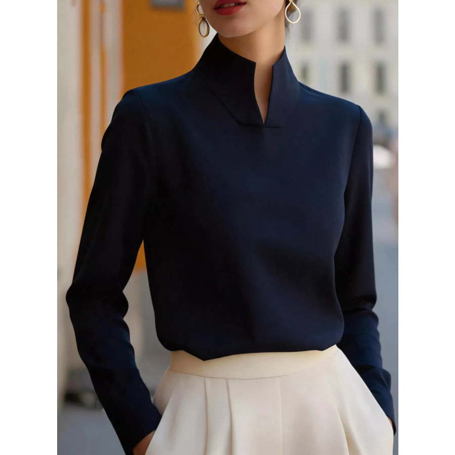 Stand-Collar Long Sleeve Blouse Navy / S Apparel and Accessories