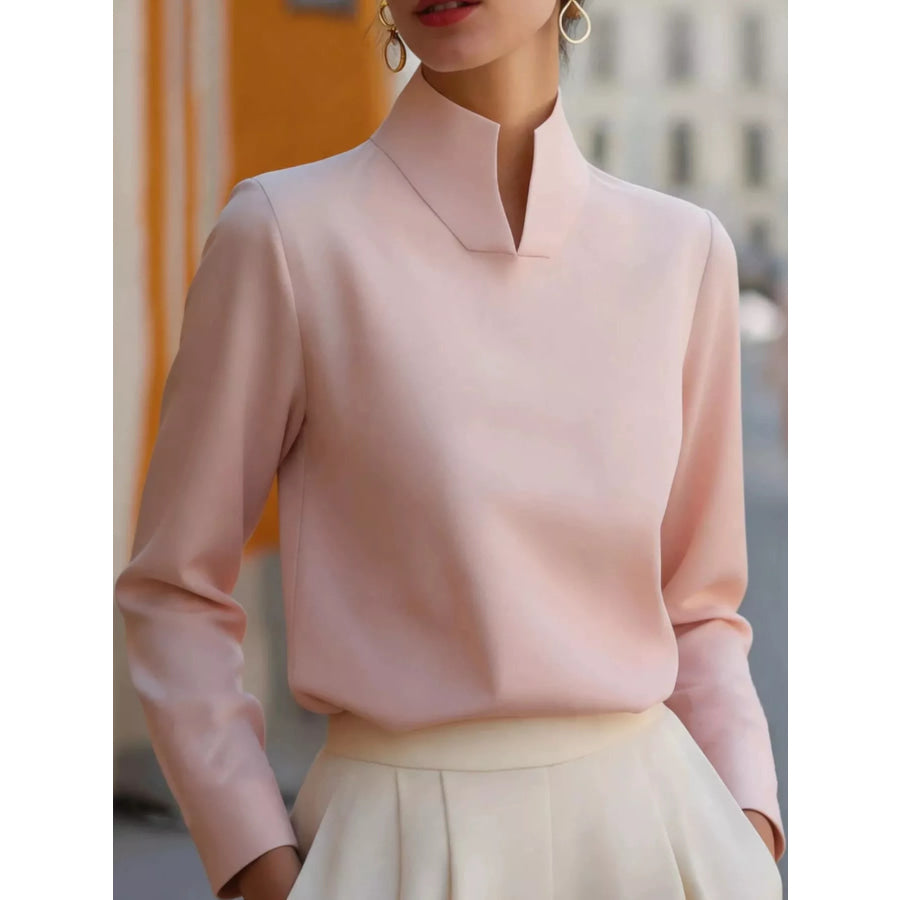 Stand-Collar Long Sleeve Blouse Pink / S Apparel and Accessories