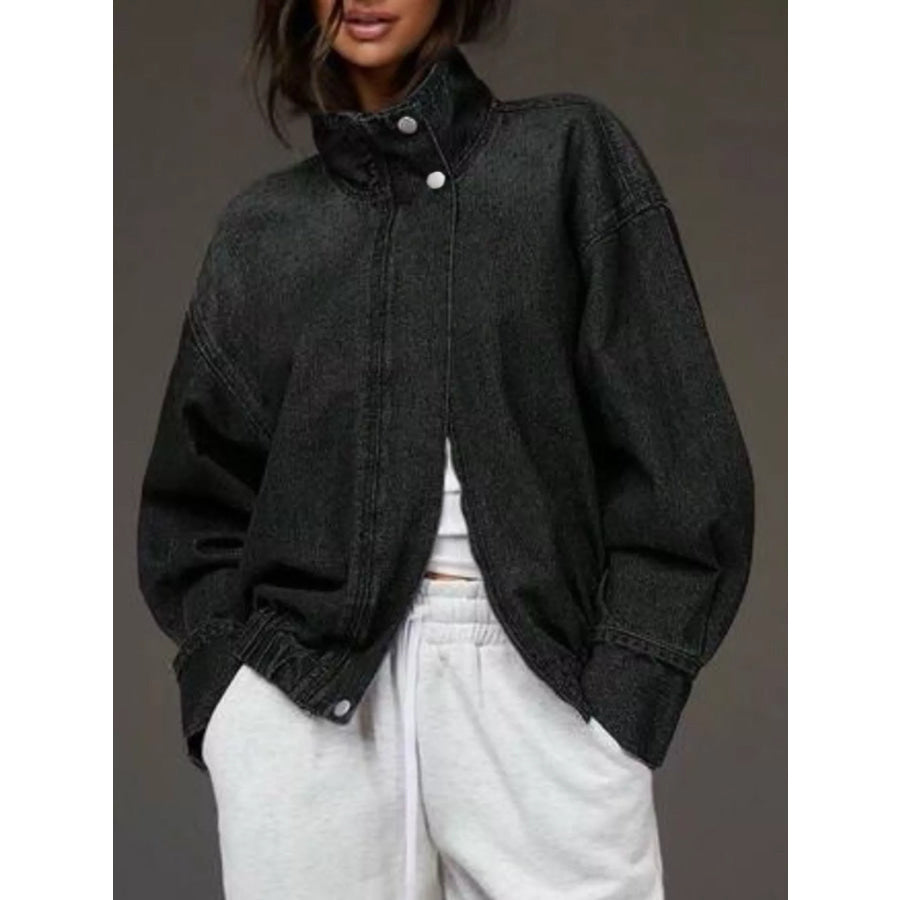 Stand-Collar Zip-Up Denim Jacket Apparel and Accessories