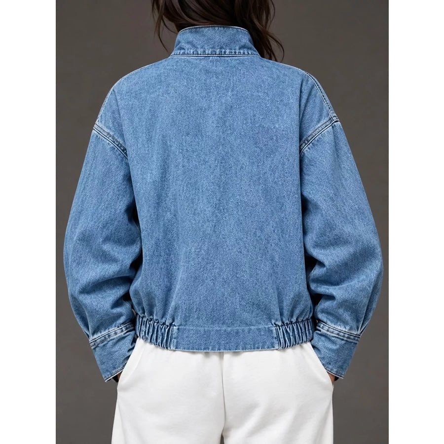 Stand-Collar Zip-Up Denim Jacket Apparel and Accessories