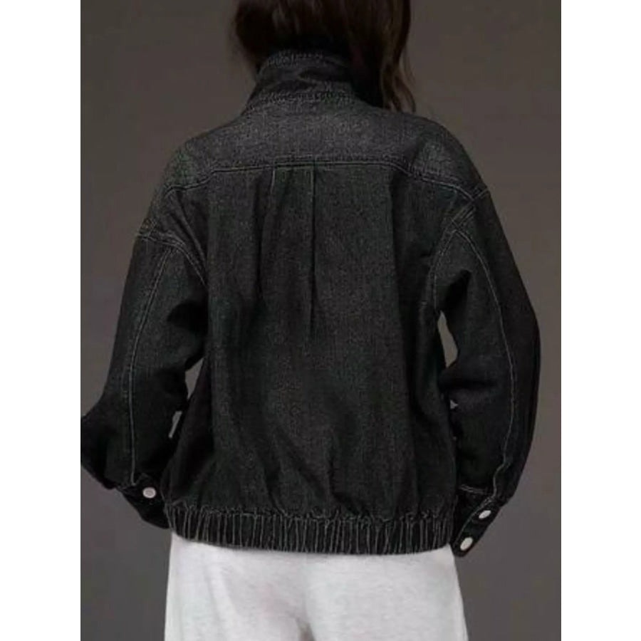 Stand-Collar Zip-Up Denim Jacket Apparel and Accessories
