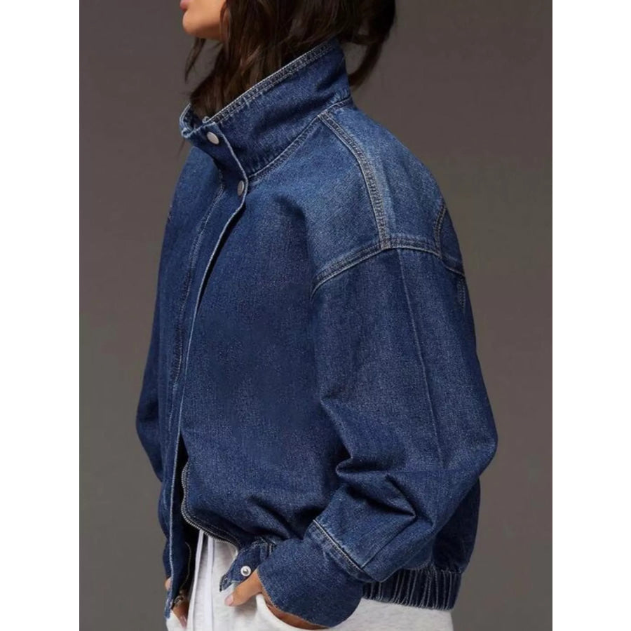 Stand-Collar Zip-Up Denim Jacket Apparel and Accessories