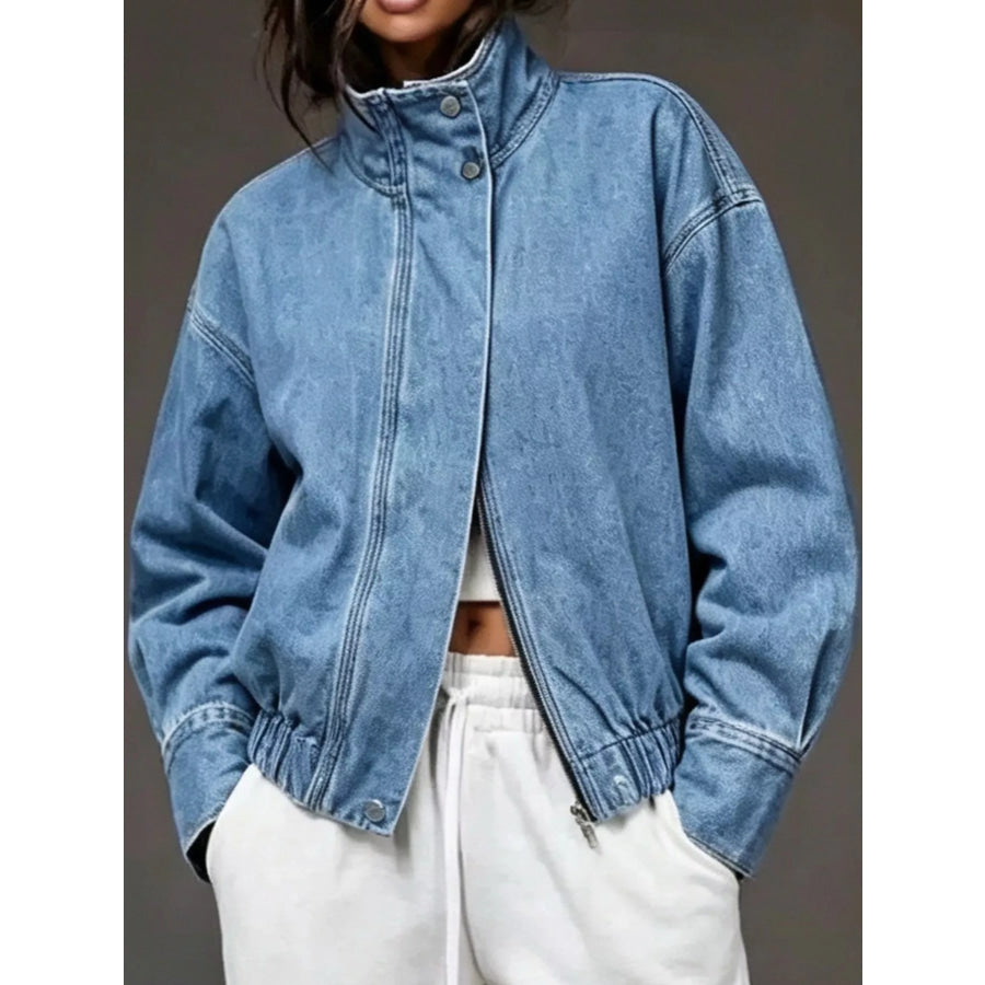 Stand-Collar Zip-Up Denim Jacket Apparel and Accessories
