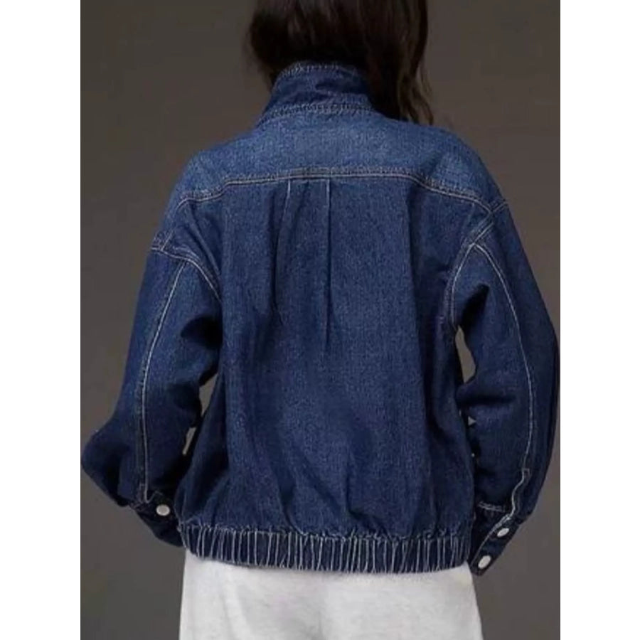 Stand-Collar Zip-Up Denim Jacket Apparel and Accessories