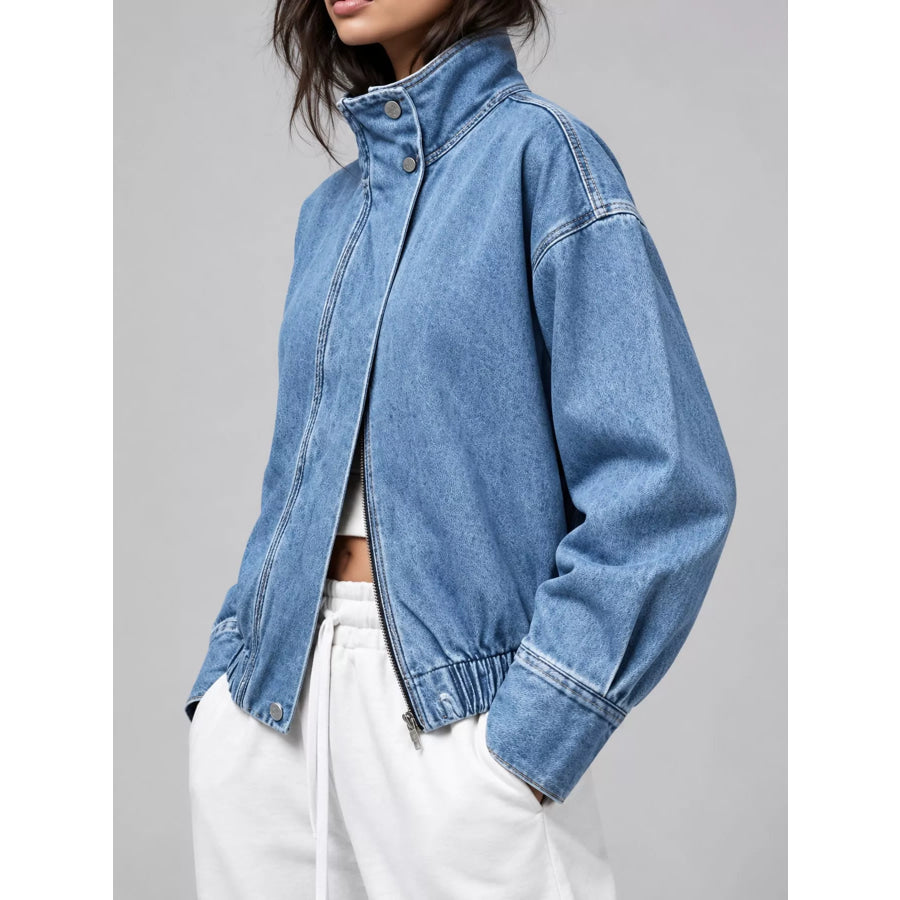 Stand-Collar Zip-Up Denim Jacket Blue / S Apparel and Accessories
