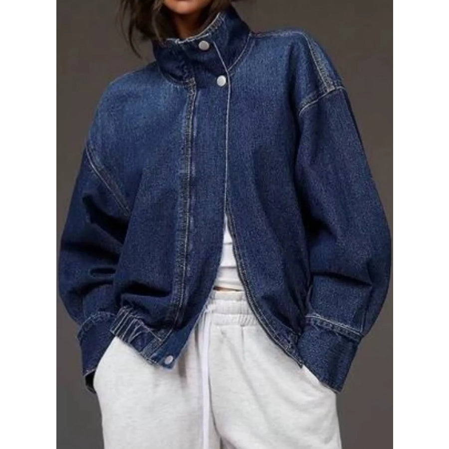 Stand-Collar Zip-Up Denim Jacket Dark Blue / S Apparel and Accessories