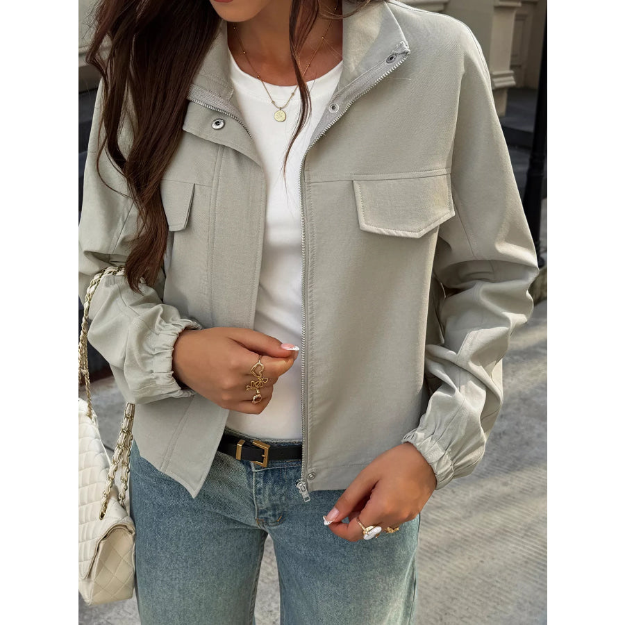 Stand Collar Zip Up Jacket Gray / S Apparel and Accessories
