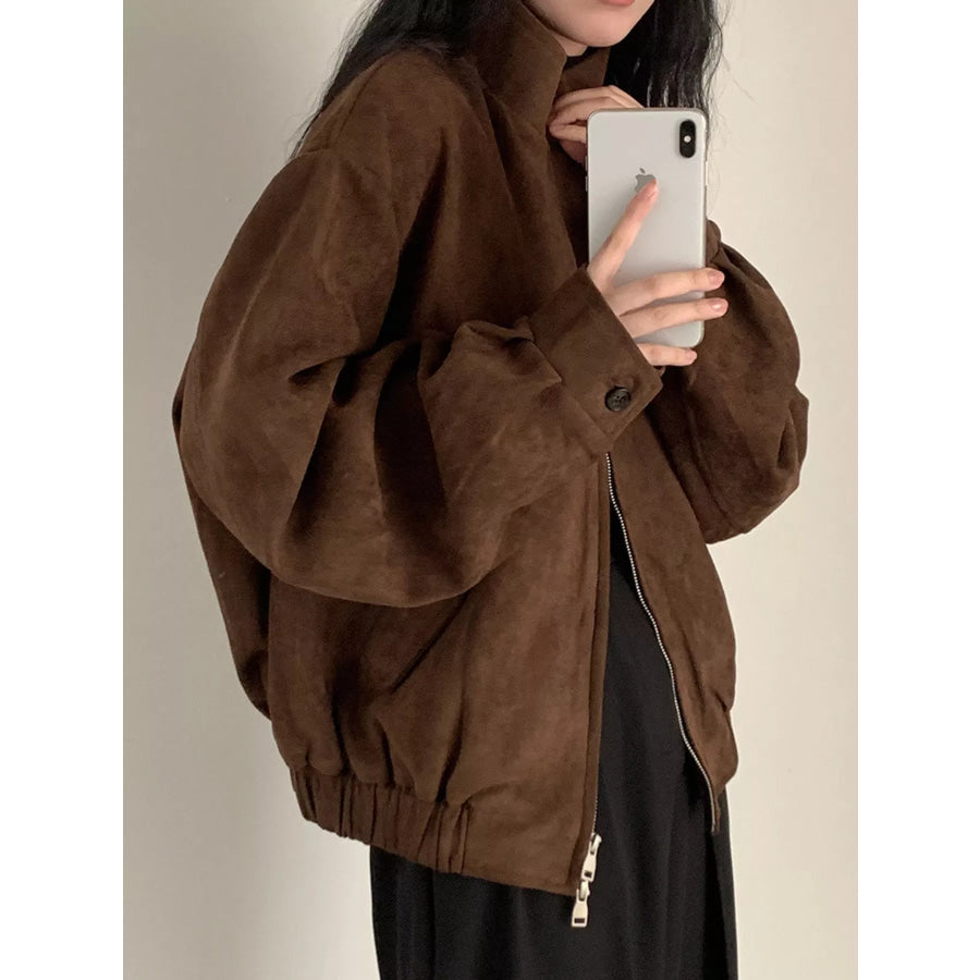 Stand Collar Zip Up Jacket Brown-915 Original Quality With Lining / S Apparel and Accessories