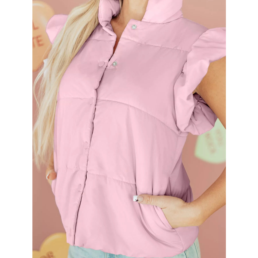 Stand Neck Flutter Sleeve Snap Button Puffer Vest Apparel and Accessories