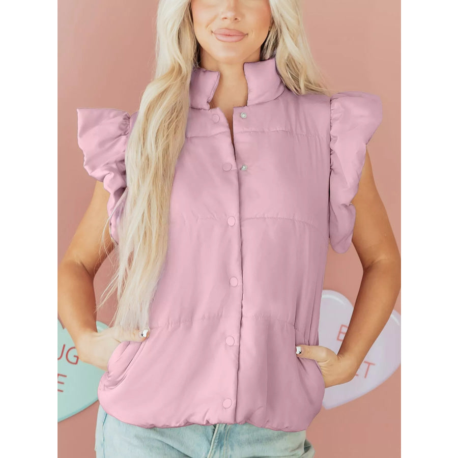 Stand Neck Flutter Sleeve Snap Button Puffer Vest Dusty Pink / S Apparel and Accessories