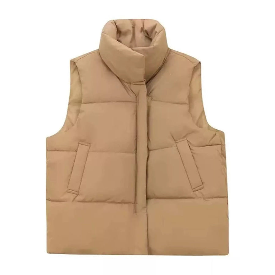Stand-Up Collar Puffer Vest Coat Khaki / M Apparel and Accessories