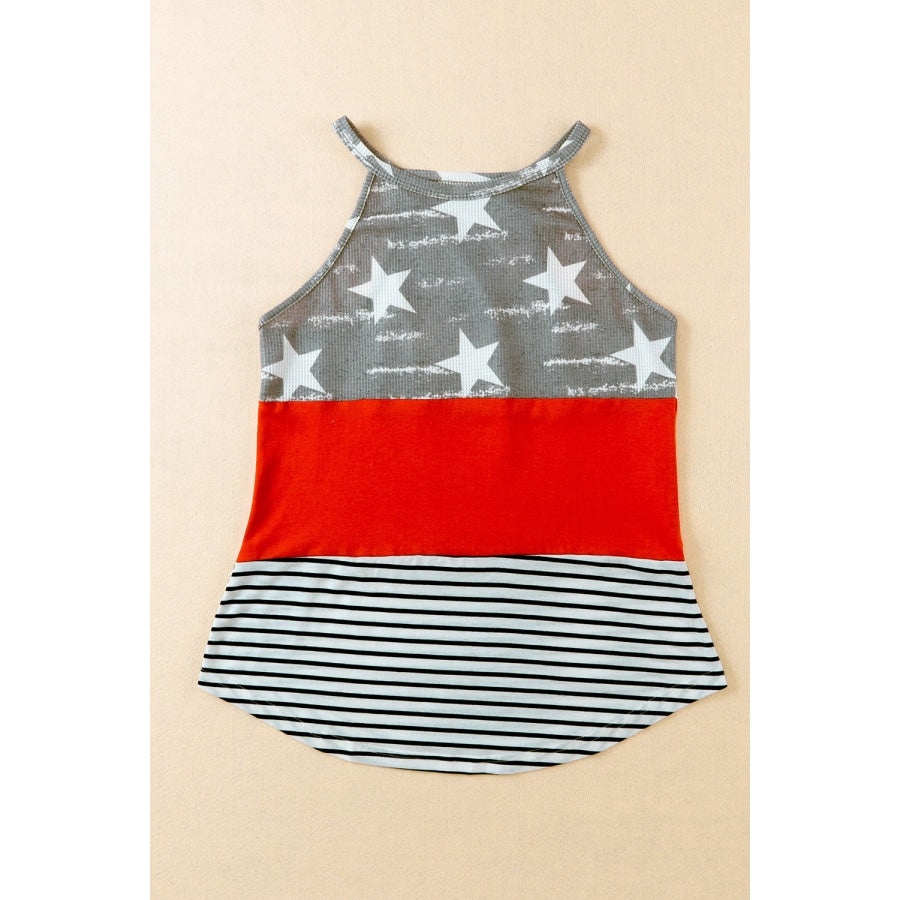 Star and Stripe Color Block Curved Hem Tank