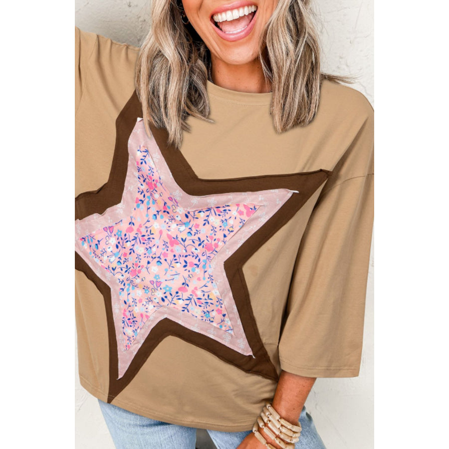 Star Applique Patch Round Neck T-Shirt Apparel and Accessories