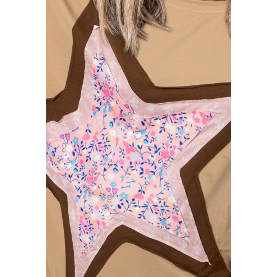 Star Applique Patch Round Neck T-Shirt Apparel and Accessories