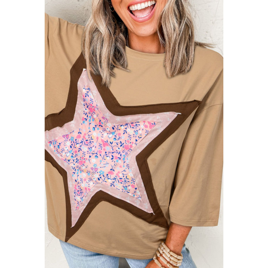 Star Applique Patch Round Neck T-Shirt Tan / S Apparel and Accessories