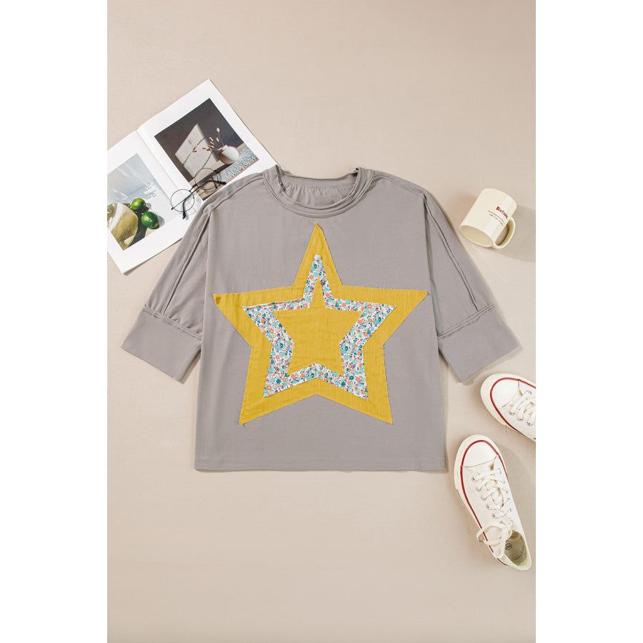 Star Applique Round Neck T-Shirt Apparel and Accessories