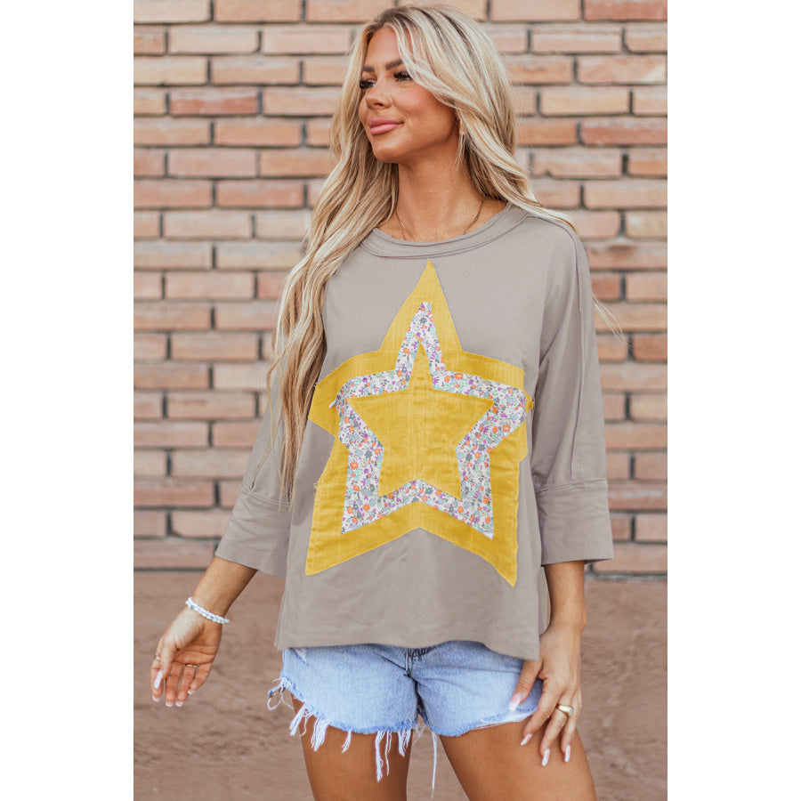 Star Applique Round Neck T-Shirt Apparel and Accessories