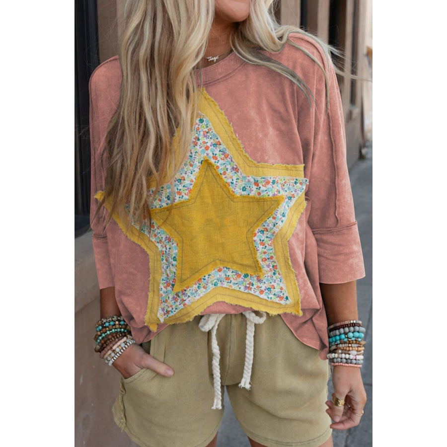 Star Applique Round Neck T-Shirt Dusty Pink / M Apparel and Accessories