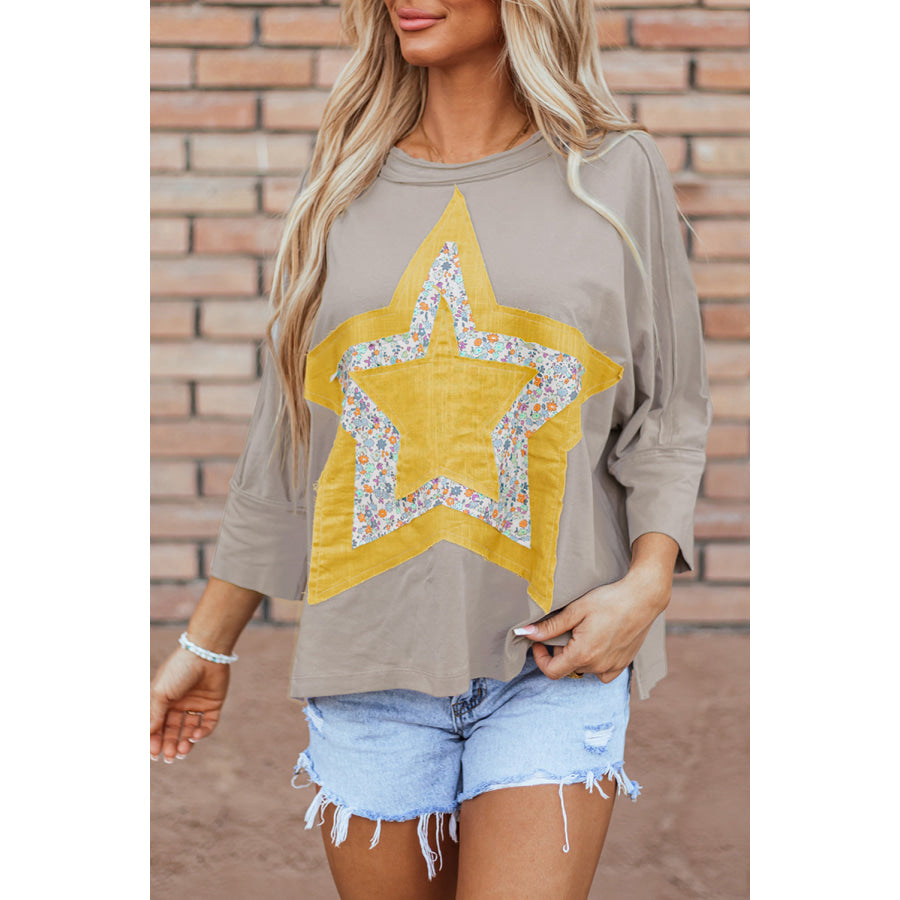 Star Applique Round Neck T-Shirt Mocha / M Apparel and Accessories