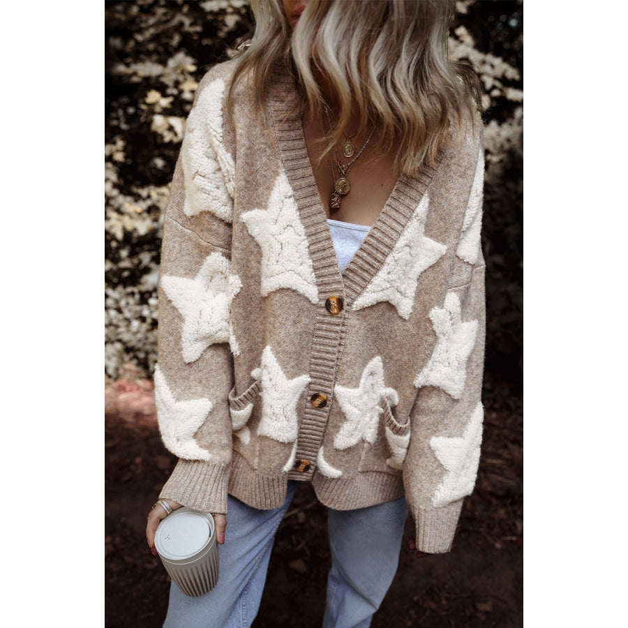 Star Button Up Long Sleeve Cardigan Mocha / S Apparel and Accessories