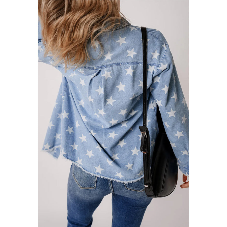 Star Button Up Long Sleeve Denim Jacket Apparel and Accessories